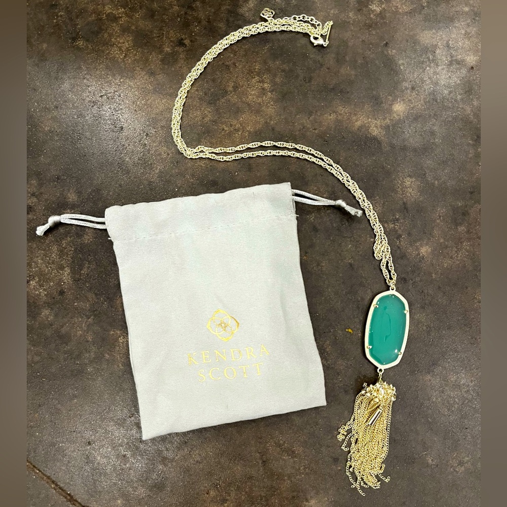 Kendra Scott Rayne necklace. Light Green Stone with a 30” gold chain.